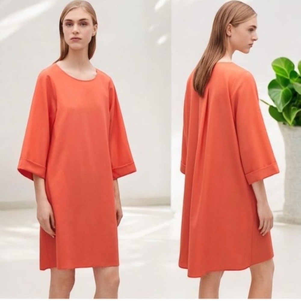 COS Wool 3/4 Cuffed Sleeve Midi Shift Dress Orange Boat Neck Pockets-4